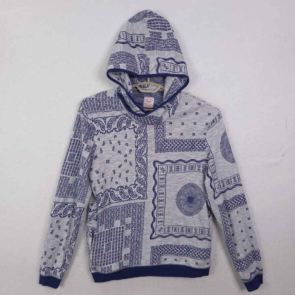 Zara Man Hoodie Mens XL Blue White Bandana Paisley Patchwork Knit Pullover